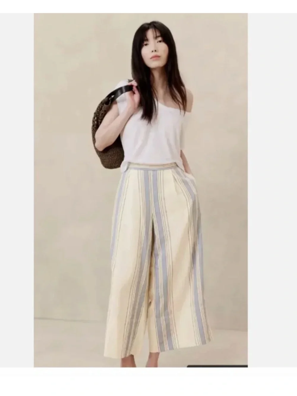 Banana Republic - Linen Blend, Wide Leg, Striped Crop Pants